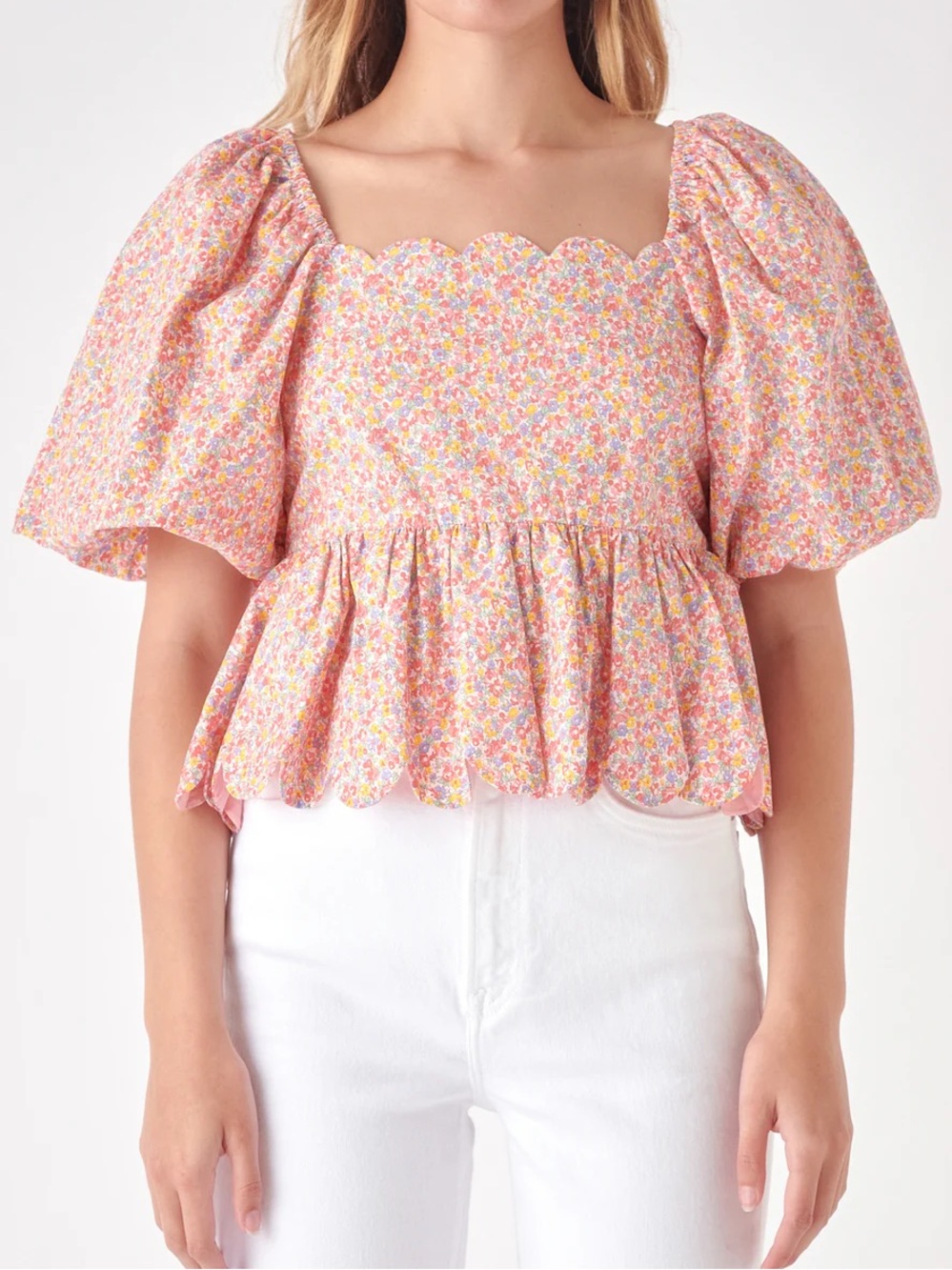Pink Multi Floral Puff-Sleeve Peplum Crop Top